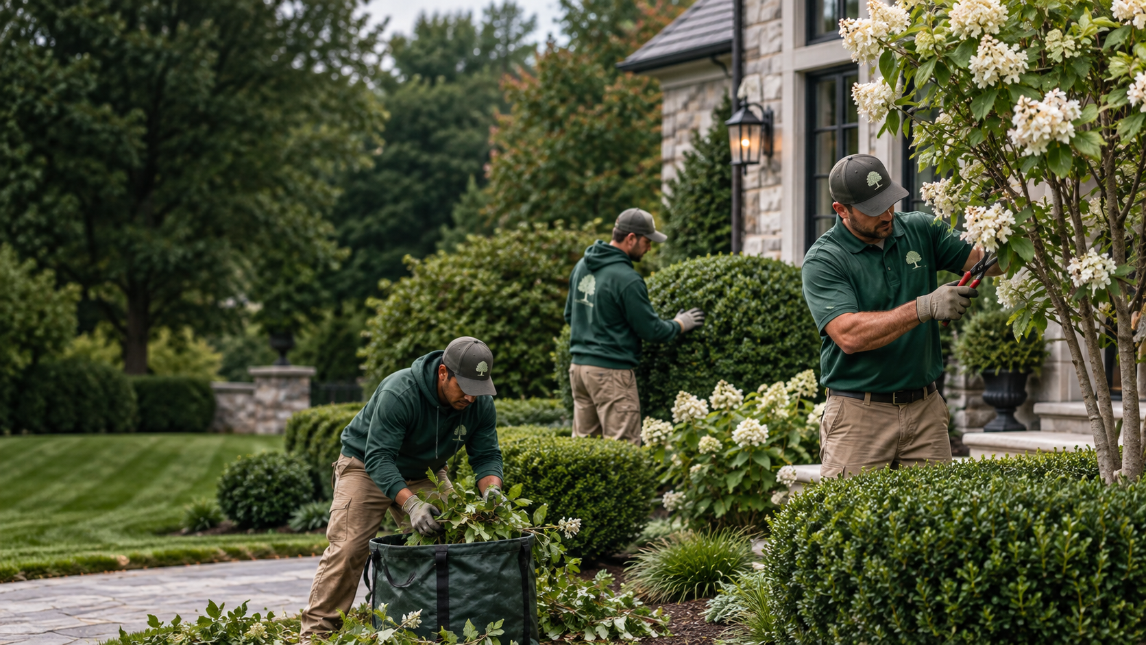 Richard Jones and crew inspecting trees and shrubs at a residential property